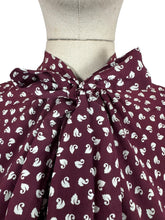 Load image into Gallery viewer, Original 1940's Pure Silk Novelty Print Swan Blouse in Burgundy and White with Bow Tie at Neck - Bust 34