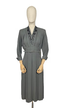 Load image into Gallery viewer, Original 1940's Grey Wool Crepe Belted Dress with Beaded Bodice and Cuff Detail - Bust 38 *