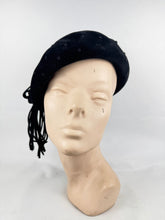Load image into Gallery viewer, Original 1950's Stylish French Black Felt Hat with Polka Dots and Tassel Trim by Isaure PARIS
