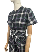 Load image into Gallery viewer, Original 1950's Black, Purple, White and Teal Plaid Cotton Belted Day Dress - Bust 32 34 *