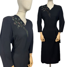 Load image into Gallery viewer, Original 1940's Kay Carter Black Crepe Floral Studded Cocktail Dress - Bust 36 *