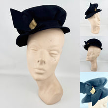 Load image into Gallery viewer, Original 1940's Inky Black Felt New York Creations Hat with Metal Trim and Bow Detail