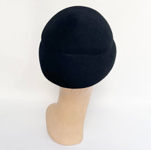 Load image into Gallery viewer, Original 1950's Inky Black Felt Hat with Pleated Satin Trim - Classic Mid Century Piece