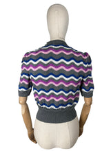 Load image into Gallery viewer, Reproduction 1940’s Hand Knitted Feather and Fan Striped Jumper in Grey, White, Blue and Pink - Bust 36 38