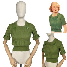 Load image into Gallery viewer, 1930's Reproduction Pretty Wool Knit with a Neat Collar and Button Detail in Turtle Green - Bust 34 36
