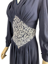 Load image into Gallery viewer, Original Late 1930's or Early 1940's Midnight Blue Crepe Day Dress with Long Sleeves and Amazing Soutache Waist Detail - Bust 34 35