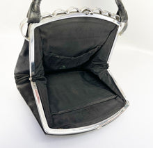 Load image into Gallery viewer, Original 1930's Black Leather Bag with Scalloped Chrome Trim and Single Handle