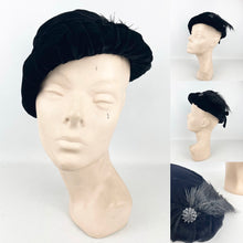 Load image into Gallery viewer, Original 1930's Soft Black Cotton Velvet Hat with Black Feather Trim*