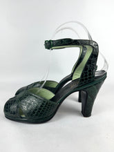 Load image into Gallery viewer, Original 1940's Dark Green Crocodile Skin Platform Peep-toe Shoes with Ankle Straps - UK 4.5 5 *