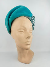 Load image into Gallery viewer, Original 1950's Bright Turquoise Blue Felt High Hat with Velvet Trim *