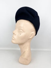 Load image into Gallery viewer, Original Late 1930's or Early 1940's Midnight Blue Felt High Hat with Bow Trim by Reslaw *