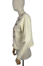 Load image into Gallery viewer, Original 1950's Season's Fashions Wool Cardigan with Pretty Floral Embroidery and Faux Pearl Buttons - Bust 38