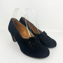 Load image into Gallery viewer, Original 1940's Black Suede Devonshire Court Shoes with Cutout Front and Bow Trim - Size 4.5