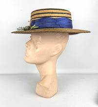 Load image into Gallery viewer, Original 1930's 1940's Blue Stripe Straw Hat with Floral Trim - Perfect Summer Hat *