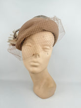 Load image into Gallery viewer, Original 1950's Light Brown Felt Hat with Half Face Net and Fluffy Feather Trim *