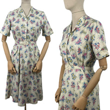 Load image into Gallery viewer, Original 1940's 1950's Cotton Belted Day Dress with Floral Print in Blue, Pink, Green and Yellow - Bust 38