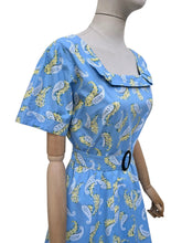 Load image into Gallery viewer, Original Late 1940's or Early 1950's Blue Cotton Belted Day Dress with Yellow and White Paisley Print - Bust 40