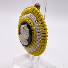 Load image into Gallery viewer, Original 1940's Yellow, Black and White Wartime Make Do and Mend Wirework Brooch with Cameo Middle *