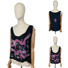 Load image into Gallery viewer, Original 1920's Black Pure Silk Top with Vibrant Silk Embroidery of Chinese Dragons in Pink and Blue - Bust 36 *
