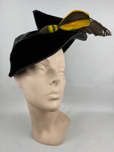 Load image into Gallery viewer, Original 1930's Black Straw Hat with Velvet and Feather Trim by Woods of Colwyn Bay *