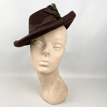 Load image into Gallery viewer, Original 1930's 1940's Dark Brown Felt Fedora Hat with Grosgrain Trim in Green and Brown with Fine Net