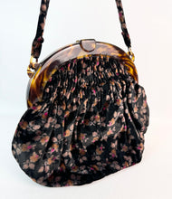 Load image into Gallery viewer, Original 1920's Antique Floral Silk Velvet Bag with Faux Tortoiseshell Frame in Black, Brown and Pink