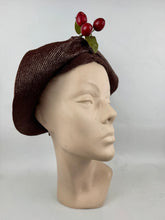 Load image into Gallery viewer, Original 1920's Brown Lacquered Straw Cloche with Upturned Brim and Cherry Trim *