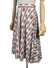 Load image into Gallery viewer, Original 1950's Full Circle Skirt in Abstract Print of Pink, Red, Mustard and Grey on White - Waist 27" *