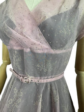 Load image into Gallery viewer, Original 1950's Pink Belted Nylon Day Dress with Floral Flock Print - Bust 34 36 *