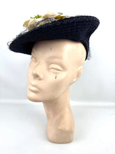 Load image into Gallery viewer, Original Late 1930's or Early 1940's Midnight Blue New York Creations Hat with Velvet Flowers and Net Trim
