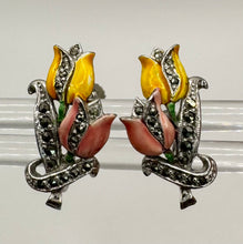 Load image into Gallery viewer, Original 1950's Mid Century Pink and Yellow Enamel and Marcasite Tulip Flower Screw Back Earrings