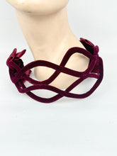 Load image into Gallery viewer, Original 1950's Burgundy Velvet Half Hat with Double Satin Bow Trim - Great Cocktail Hat