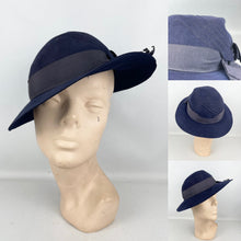 Load image into Gallery viewer, Original 1930's Dark Blue Seamed Felt Fedora with Grosgrain Trim by Fenwick