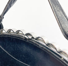 Load image into Gallery viewer, Original 1930's Black Leather Bag with Scalloped Chrome Trim and Single Handle