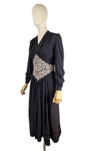 Load image into Gallery viewer, Original Late 1930's or Early 1940's Midnight Blue Crepe Day Dress with Long Sleeves and Amazing Soutache Waist Detail - Bust 34 35