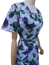 Load image into Gallery viewer, Original 1940’s 1950’s Belted Rose Print Cotton Day Dress in Grey, Purple and Green - Bust 40