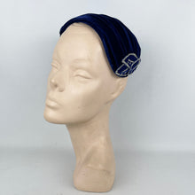 Load image into Gallery viewer, Exceptionally Beautiful Original 1950's Cobalt Blue Velvet Cocktail Hat with Silver Glitter Edged Flowers *