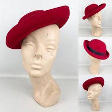 Load image into Gallery viewer, Original 1940's Cherry Red Felt Hat with Navy Blue Grosgrain Trim