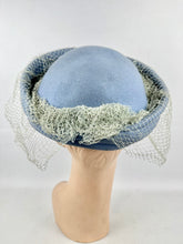 Load image into Gallery viewer, Original 1940's Pale Blue Felt Hat with Pleated Brim and Fine Net Trim *