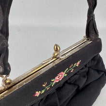 Load image into Gallery viewer, Original 1940's or 1950's Black Crepe Evening Bag with Rose Embroidery