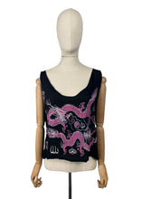 Load image into Gallery viewer, Original 1920's Black Pure Silk Top with Vibrant Silk Embroidery of Chinese Dragons in Pink and Blue - Bust 36 *