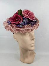 Load image into Gallery viewer, Fabulous Original 1940's New York Creations Pink Ruffle Straw Hat with Purple, Pink and Green Floral Trim