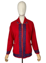 Load image into Gallery viewer, Original 1950's Red Felt Jacket Embroidered with Leaves in Blue and White - Bust 34 36