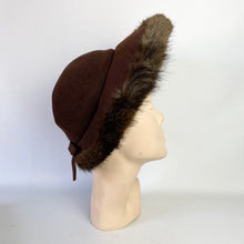 Load image into Gallery viewer, Original 1940’s Chocolate Brown Arnold Constable & Co New York Creation Felt Hat Trimmed with Real Fur *