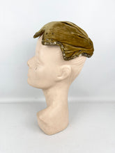 Load image into Gallery viewer, Original 1950's Padded Clam Shell Hat in Old Gold Velvet and with Sequin Trim *