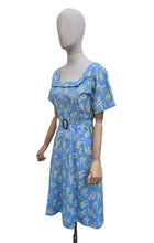 Load image into Gallery viewer, Original Late 1940's or Early 1950's Blue Cotton Belted Day Dress with Yellow and White Paisley Print - Bust 40