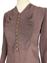 Load image into Gallery viewer, Original 1930's Dark Brown Satin Backed Crinkle Crepe Day Dress with Glass Buttons - Bust 32 34