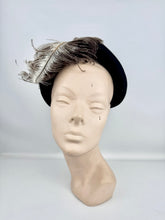 Load image into Gallery viewer, Original 1950’s Black Felt Hat with Large Ostrich Feather and Paste Trim by Wilmine *