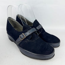 Load image into Gallery viewer, Original 1940's CC41 Deadstock Navy Blue Suede and Leather Wedge Shoes - UK 4 4.5