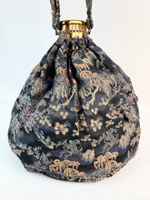 Load image into Gallery viewer, Stunning Antique Chinese Print Silk Brocade Bag with Dragon Boats, Bridges and Trees with Expandable Gate Frame - Gorgeous Piece *